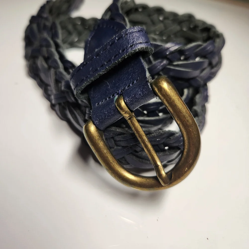 Capezio Vintage Leather Navy Braided Belt with Brass Buckle M/L